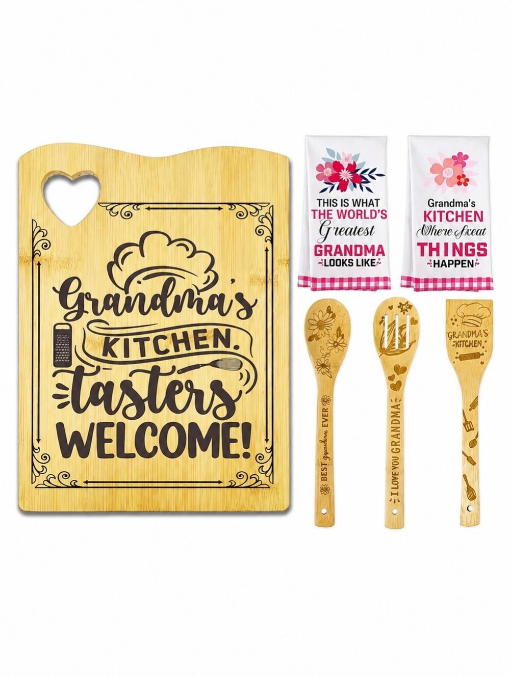Gift for Grandma Cutting Board with Towels and Utensils - NIB